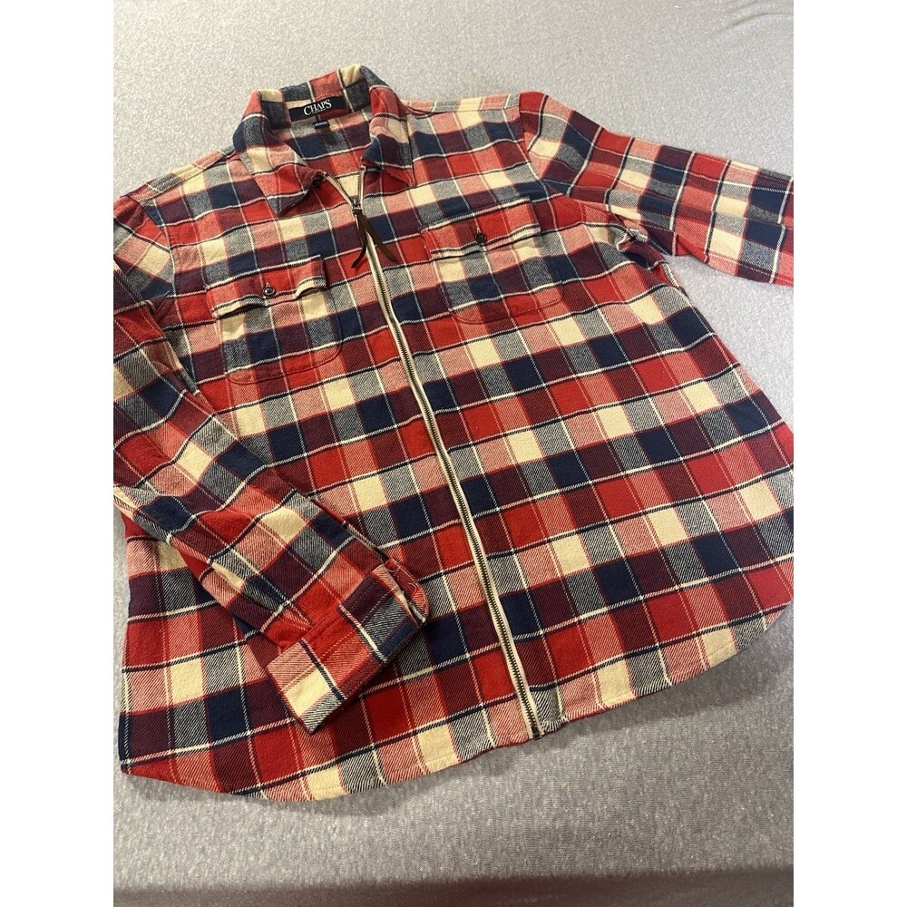 Ralph Lauren CHAPS Women’s LG Denim Red White Plaid  Zip Up Flannel Shirt Fall